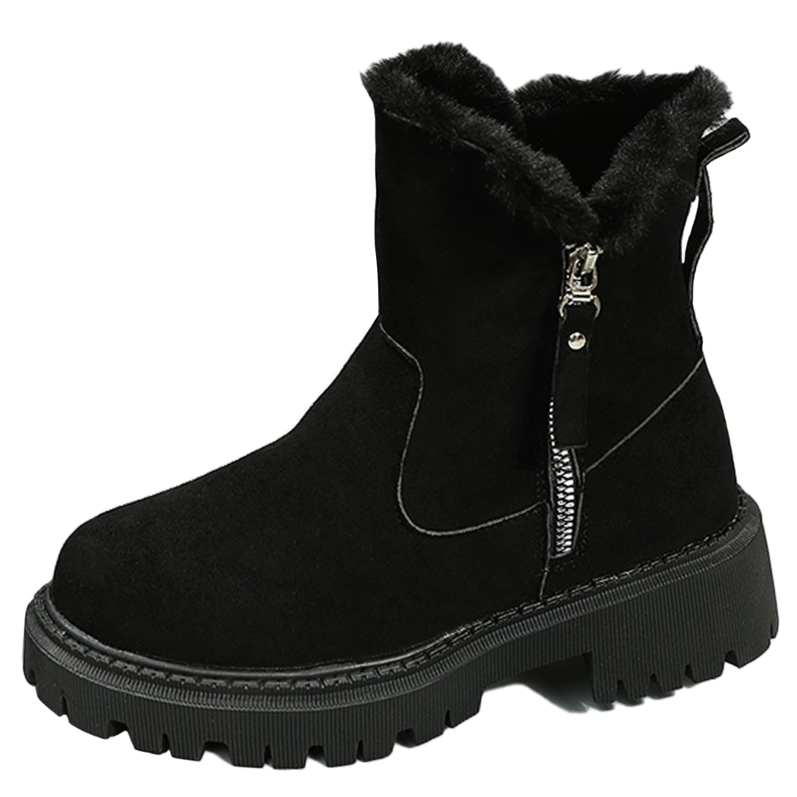 Womens Suede Lug Sole Winter Snow Boots with Side Zipper Warm Fur Lined Comfortable Chunky Heel Casual Ankle