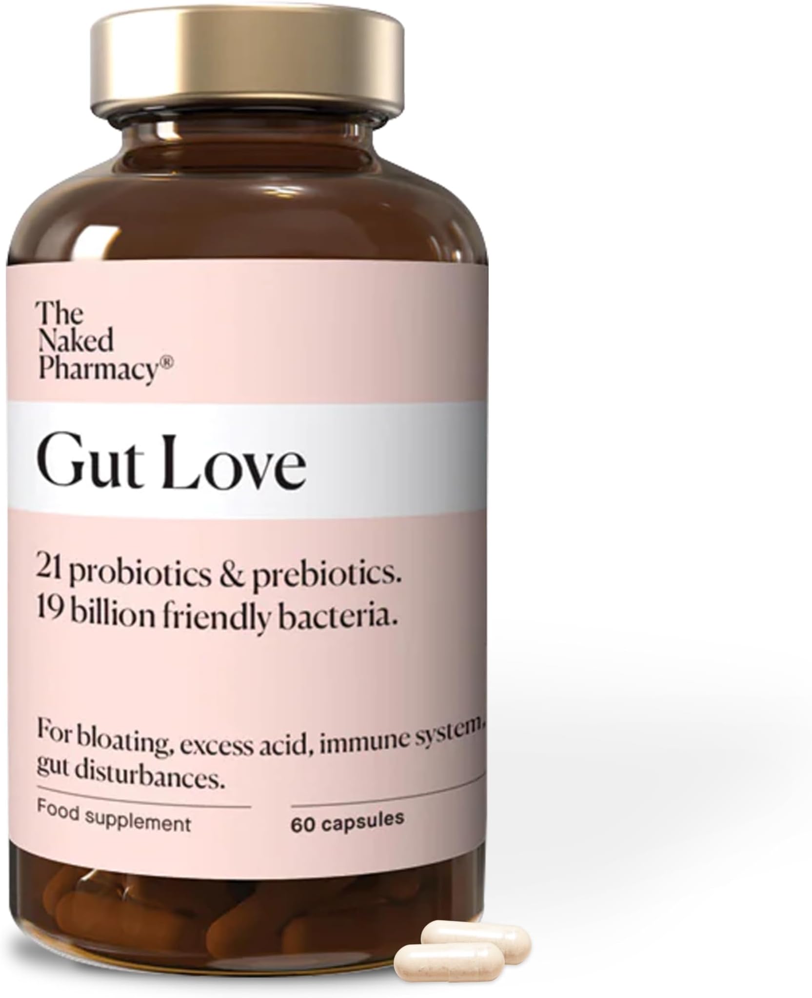 The Naked Pharmacy | Gut Love | Natural Probiotic & Prebiotic for Gut Health | High Strength | Digestive Supplements | Vegan | 60 Capsules
