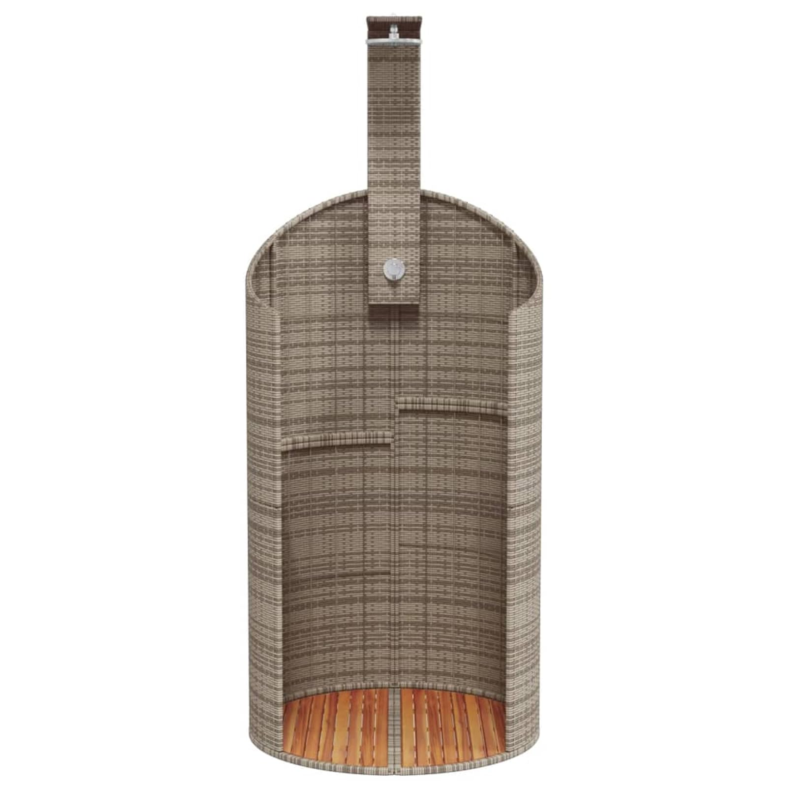 Gecheer Ducha Exterior de Ratán PE, 100x100x241.5 cm, Base de Madera de Acacia, Ducha de Piscina Independiente con Rociador Superior y Mango Giratorio, Conexión para Manguera, Gris - Resistente a la I