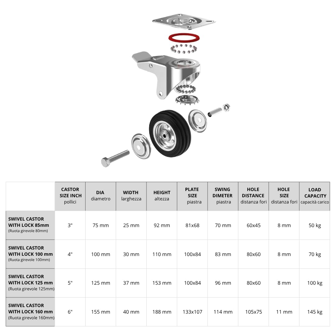 ECOVELO' RUOTE GIREVOLI CON FRENO, ROTELLE SILENZIOSE PIROETTANTI IN GOMMA, CARRELLO CARICHI PESANTI MOBILI,ELETTRODOMESTICI, BANCHI DA LAVORO 100mm, 8