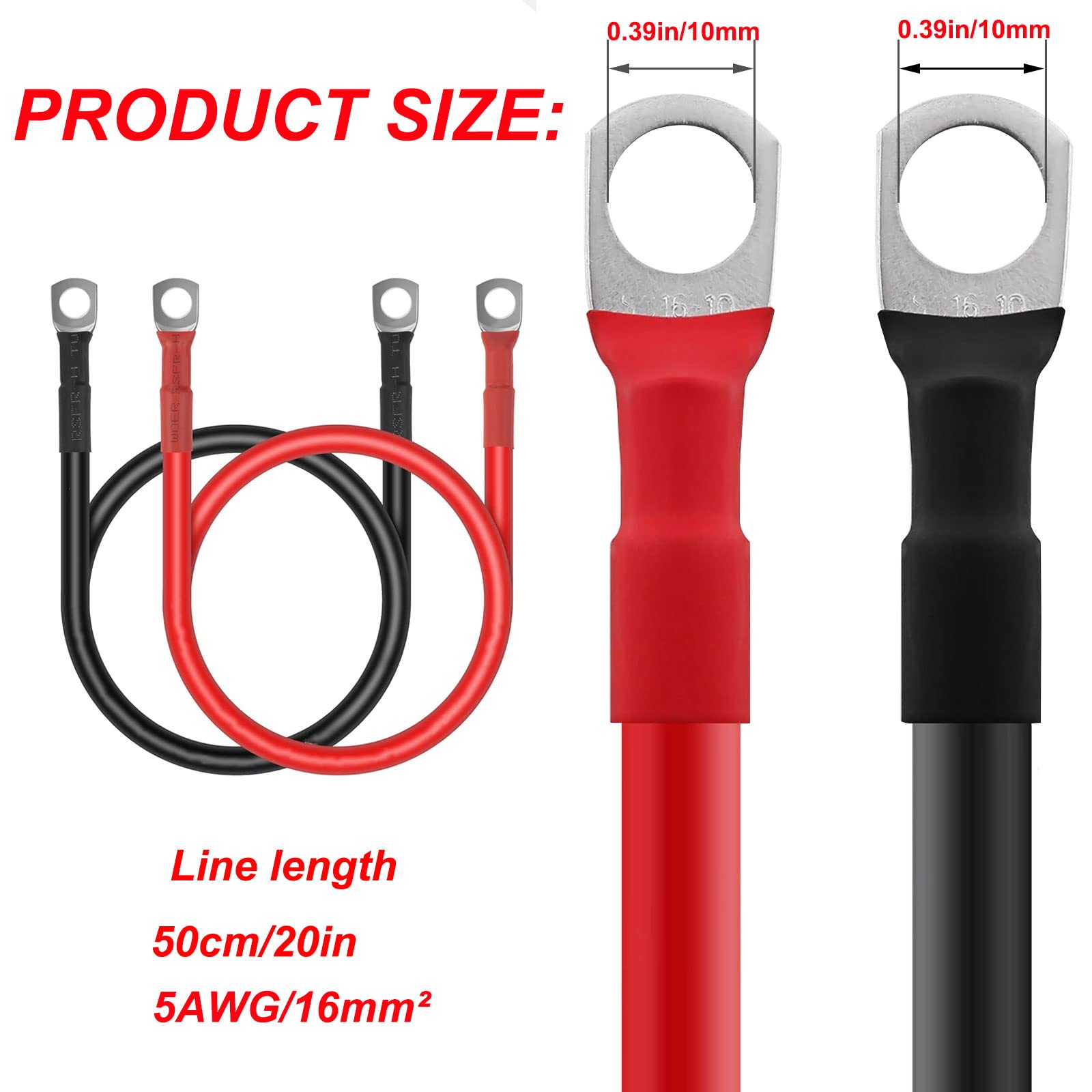 Lot De 2 Câbles Onduleurs 5AWG (16mm²) – 50 Cm, Rouge Et Noir, 12V