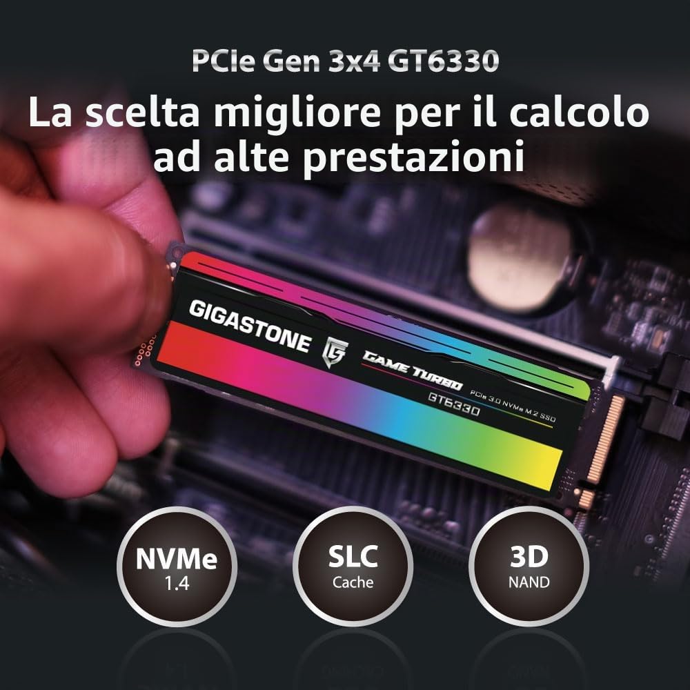 Gigastone SSD M.2 500GB NVMe PCIe Gen 3 SSD, fina a 3.000 MB/s Gaming Unit獺 Stato Solido interno Upgrade PC Laptop Risposta Rapida per Gamer Rendering 3D Editing Video 4K/8K Creatori PCIe 3.0