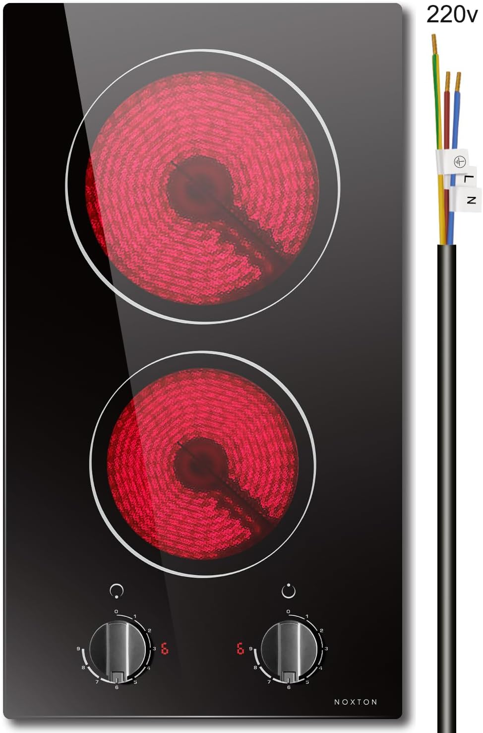 2 Burner Electric Cooktop, Noxton 12 inch Built-in Electric Stove Top, 3000W 220-240v Ceramic Cooktop with Knob Control 9 Heating Level, Hot Warning, Hardwired, No plug