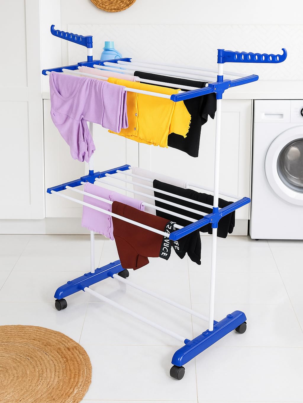 FLIPZON Premium Clothes Stand for Drying with Wheels | Portable | 2 Layer Rack for Balcony | Foldable Wings | 14 Hanger Rods | Alloy Steel & Plastic (White & Blue)