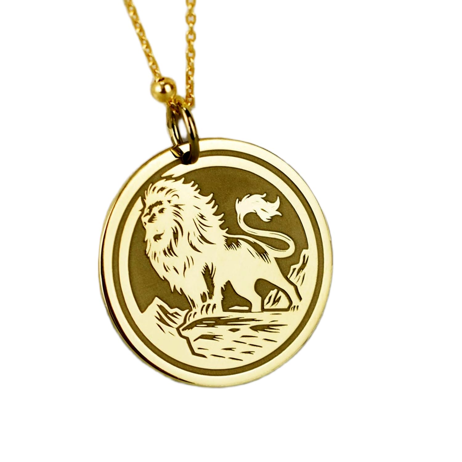Collier pendentif lion en argent plaqué or, bijou médaille gravée 24 mm - 4