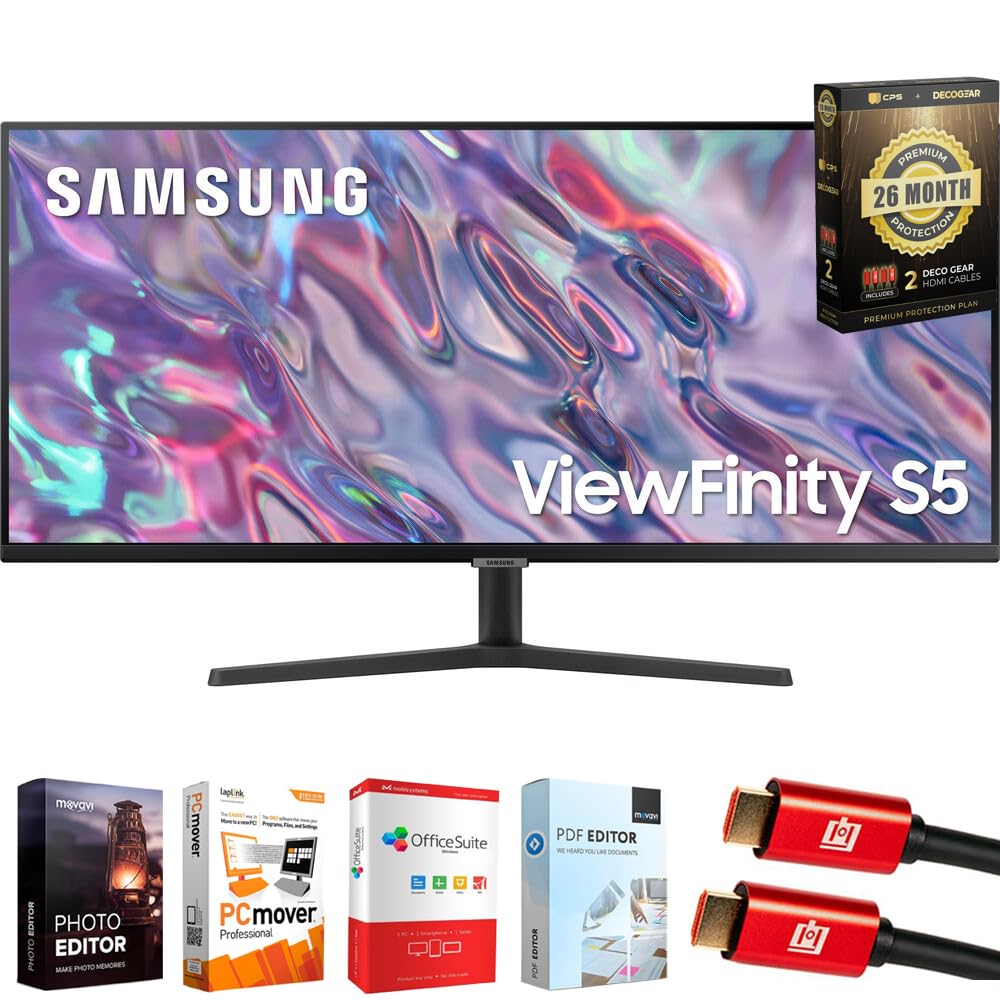 Samsung 34 inch ViewFinity S50GC Series 1440p HDR Ultrawide Monitor Bundle with Tech Smart USA Elite Suite 18, 2X 4K HDMI Cable & Deco Gear CPS