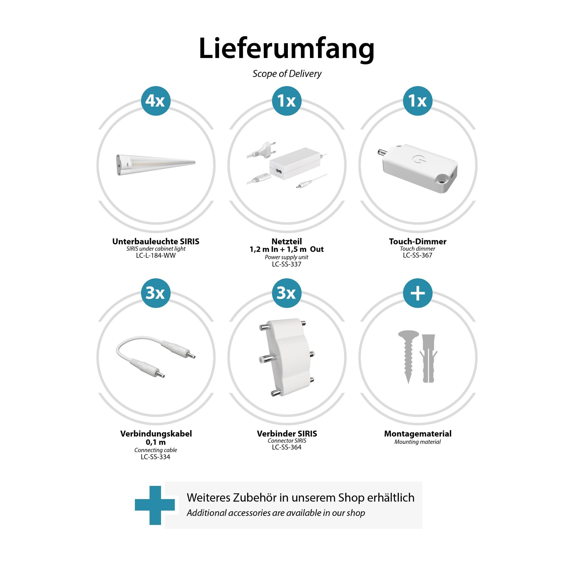 ledscom.de Luce sottopensile a LED SIRIS bianco opaco, con dimmer a sfioramento, piatto, ogni 90cm, ogni 963lm, bianco caldo Set di 4