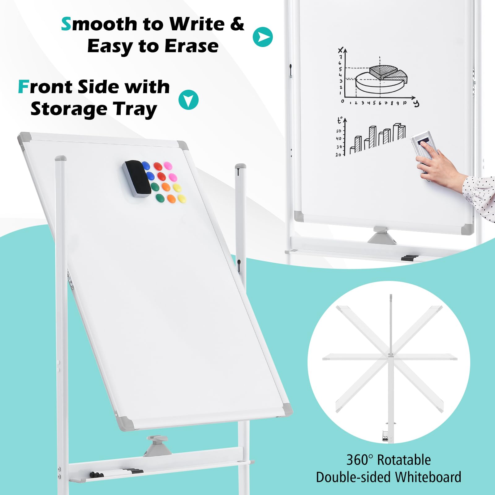 GYMAX Lavagna Magnetica con 4 Ruote, Lavagna Bifacciale con Set di Accessori, Cancellabile a Secco, Lavagna Mobile Regolabile in Altezza, per Scuola, Ufficio, Casa (60 x 90cm, Bianco)