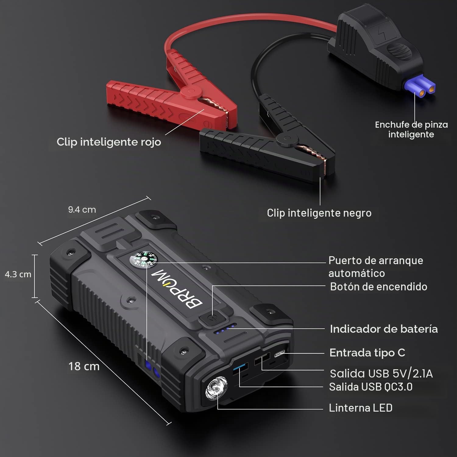 A person using the BRPOM jump starter to start a car in winter. The image emphasizes operating alone without needing assistance, providing freedom to travel. The jump starter is connected to the car battery with smart clamps.