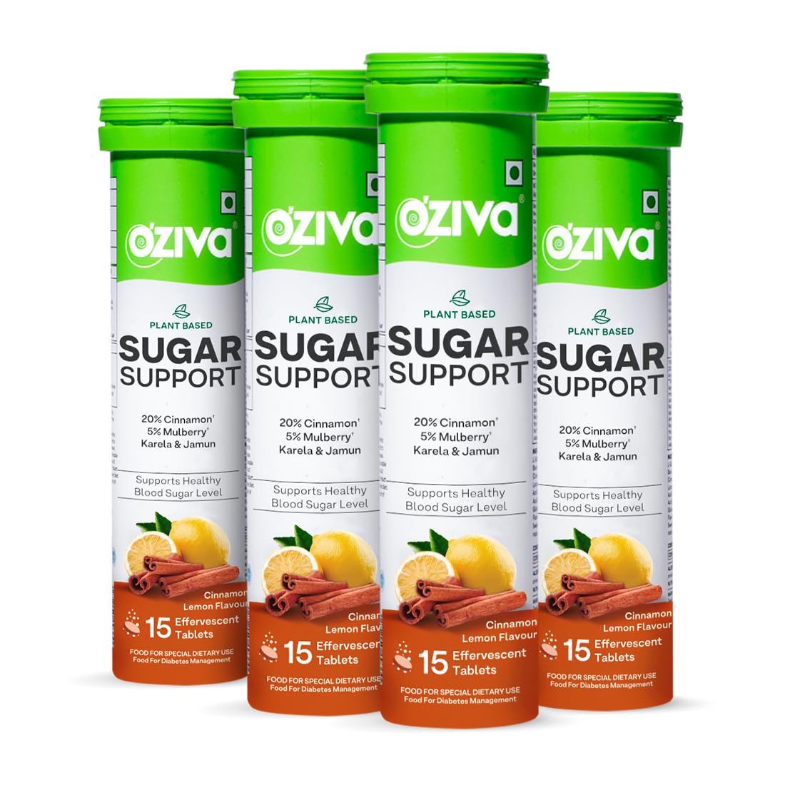 OZiva Sugar Support Effervescent | Supports Daily Blood Sugar Management & Insulin Function | Reducose®, Cinnamon, Jamun, Karela, Gymnema - 60 Tablets (Pack of 4)
