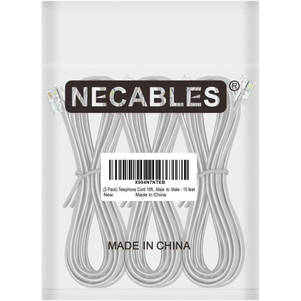 NECABLES 3Pack Phone Cord 10 ft Telephone Cord Phone Cable RJ11 6P4C Male to Male for Landline and Fax - 10 Feet - 5