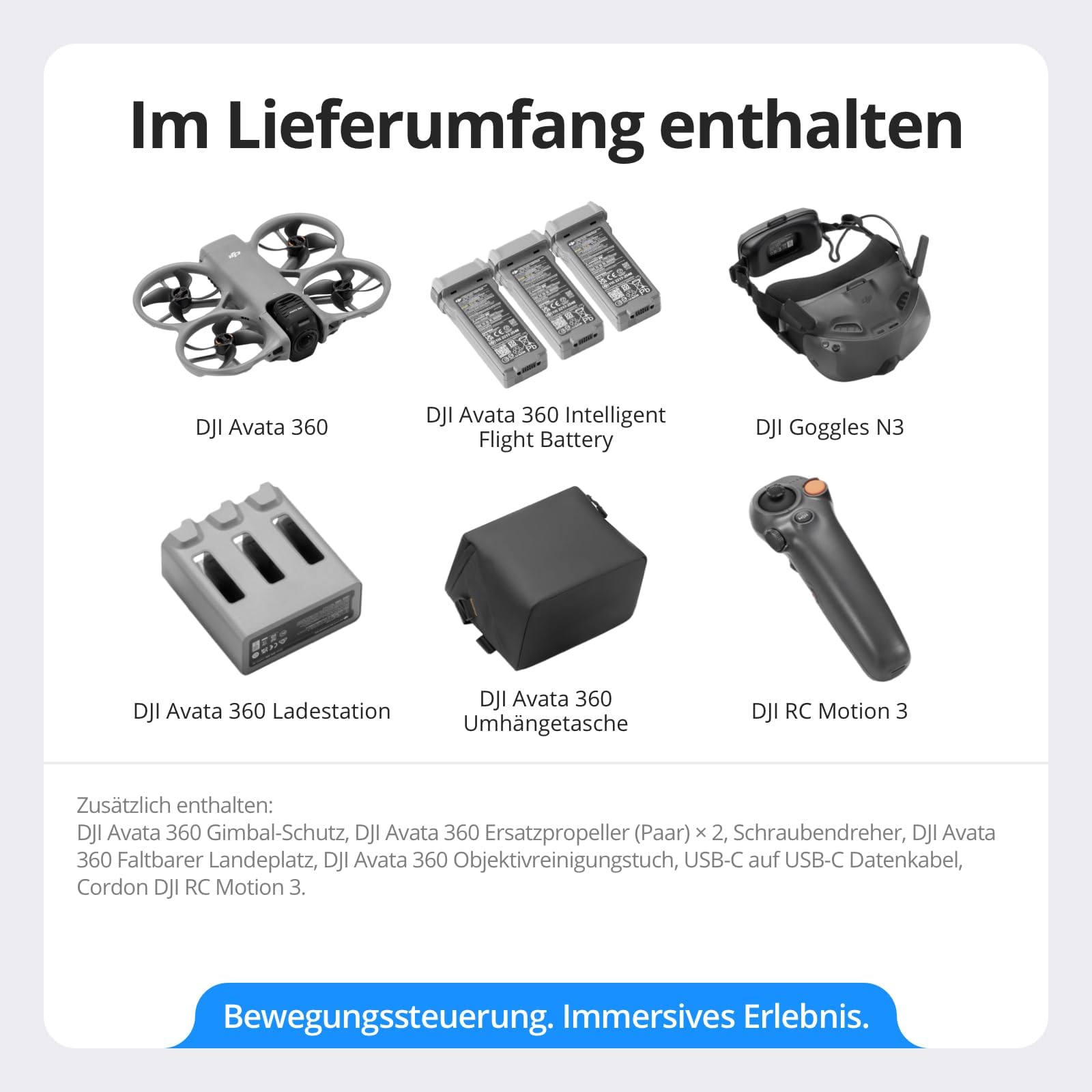 DJI Avata 360 Motion Fly More Combo mit Vielseitiges Zubehör, 360°-Drohne mit 1-Zoll-8K-360°-Imaging, 360°-Kameradrohne mit Propellerschutz. Enthält Goggles N3 und RC Motion 3