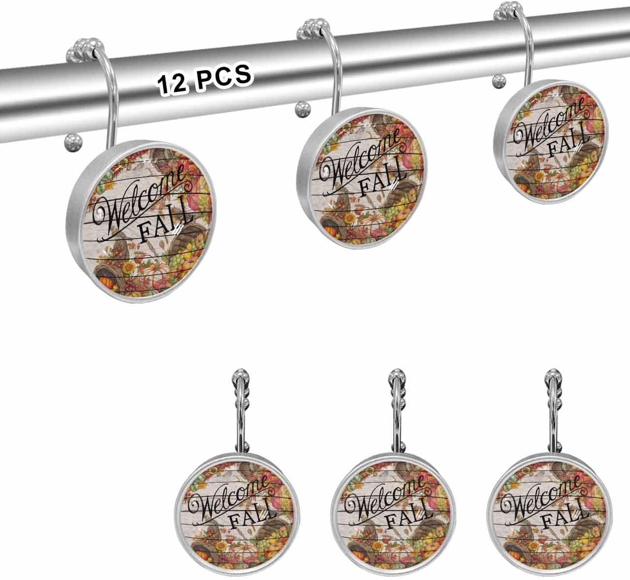 Shower Curtain Hooks 12 Pcs Welcome Fall Robin Colorful Fruits Wood Grain Stainless Steel Rust Proof Rolling Shower Curtain Rings, Decorative Shower Curtain Hooks Hangers for Bathroom