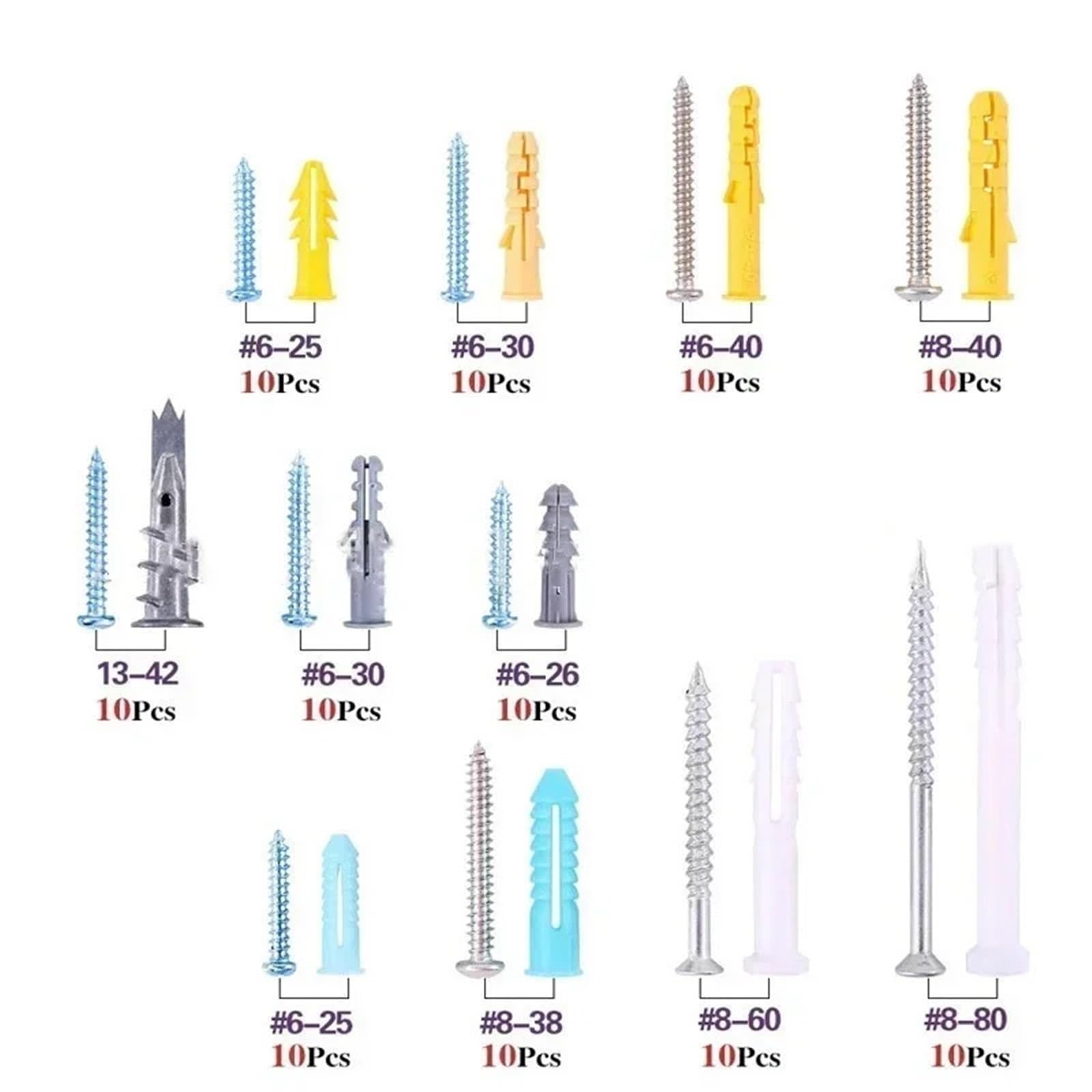 Dübel 10mm Trockenbau-Rippendübel-Anker-Set, Kunststoff-Selbstbohr-Erweiterung mit selbstschneidendem Kreuzschlitzschrauben-Sortiment