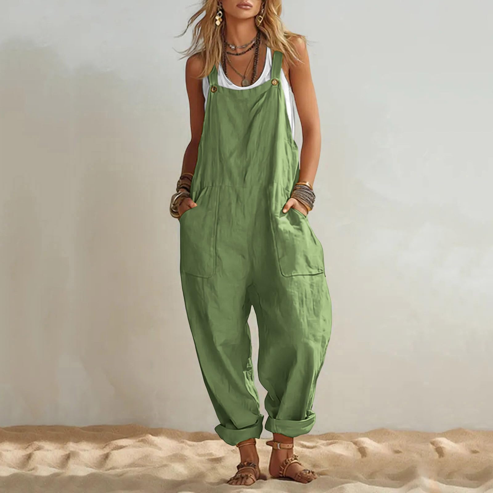 Salopette Femme D'été Coton Chic et Fluide Combinaison Longue Baggy Bretelles sans Manches Couleur Unie Coupe Ample Pantalon Confortable Poches Décontractée Jumpsuit Loose De Plage