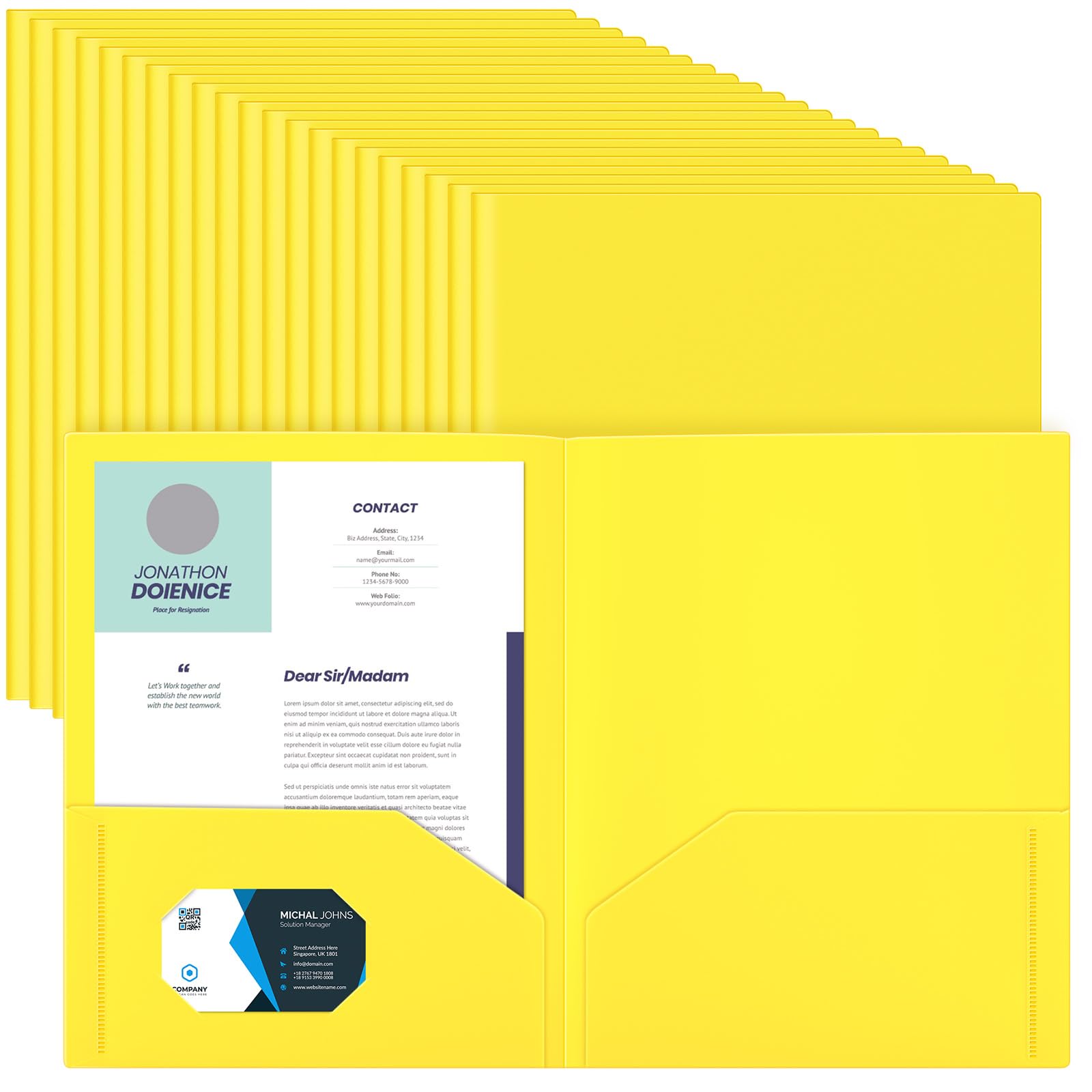 Gueevin Kunststoff-Ordner mit 2 Fächern, Großpackung, Dokumentenmappe mit 2 Taschen, Briefgröße, strapazierfähig, Portfolio-Mappe für Büro, Schule, Geschäft, 29 x 24 cm, Gelb, 72 Stück