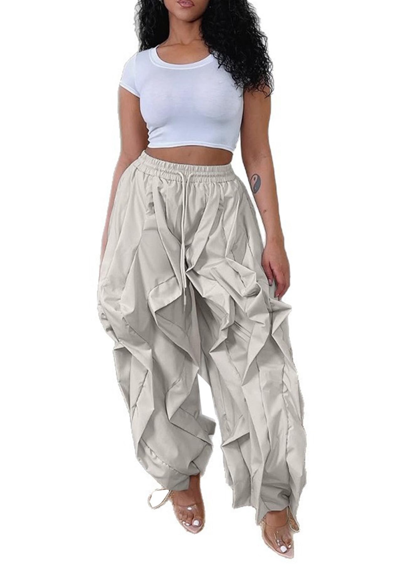 Womens Cargo Loose Pants Casual Baggy Elastic High Waisted Ruffle Barrel Patchwork Pants with Drawstring