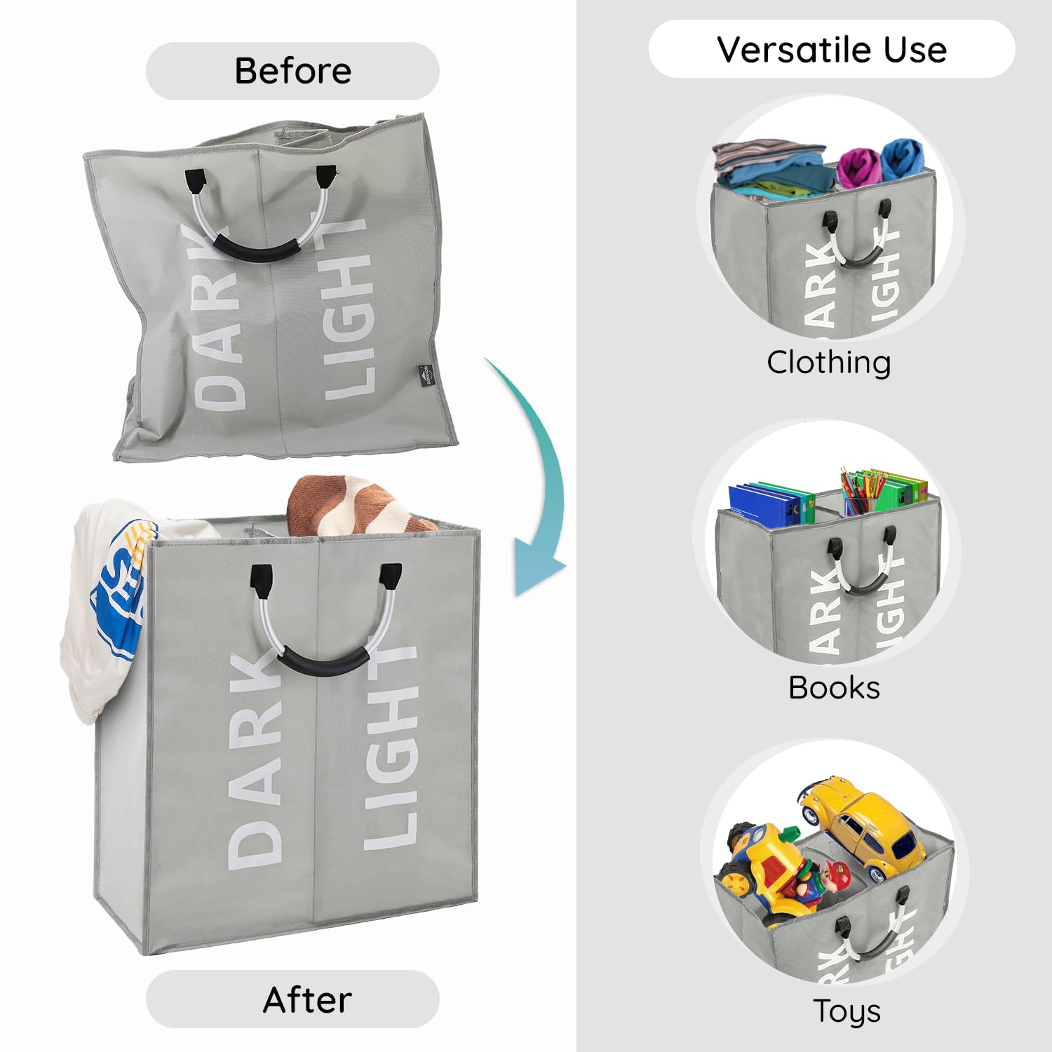 FB FunkyBuys 64L Foldable Laundry Basket, Large Laundry Bag with 2 Compartments - Image 3