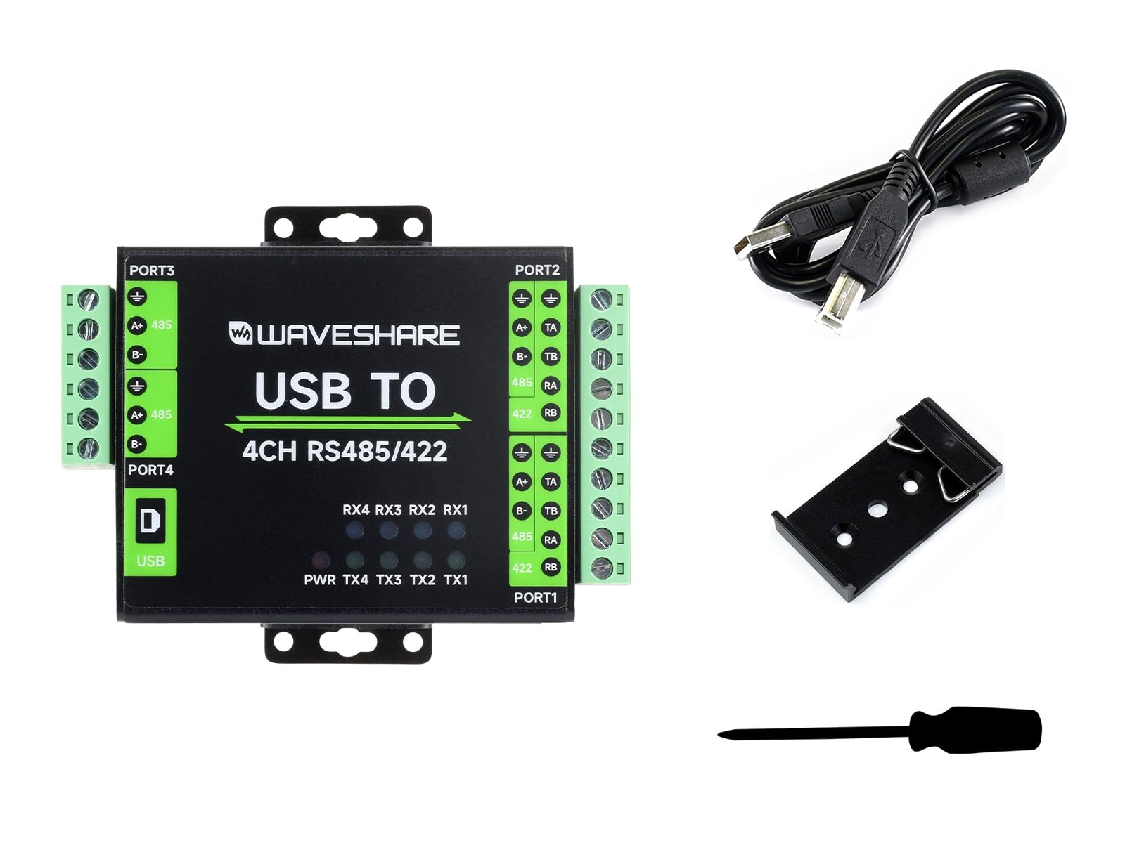 Waveshare Industrial Isolated USB to RS485/422 Converter, Original FT4232HL Chip, Supports USB to 2-Ch RS485 + 2-Ch RS485/422, Wall-Mount & Rail-Mount Support