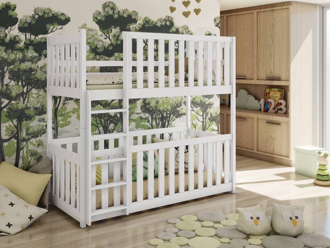 Arthauss Wooden Bunk Bed Konrad with Cot Bed in White - Convertible into Two Single Beds, Solid Pine Wood - Children Space-Saving Double Decker Bed with Universal Ladder