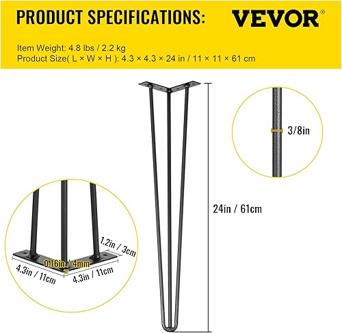Vista 7 de VEVOR Hairpin Table Legs 24" Black Set of 4 Desk Legs 880lbs Total Load Capacity Hairpin Desk Legs 3 Rods for Bench Desk Dining End Table Chairs