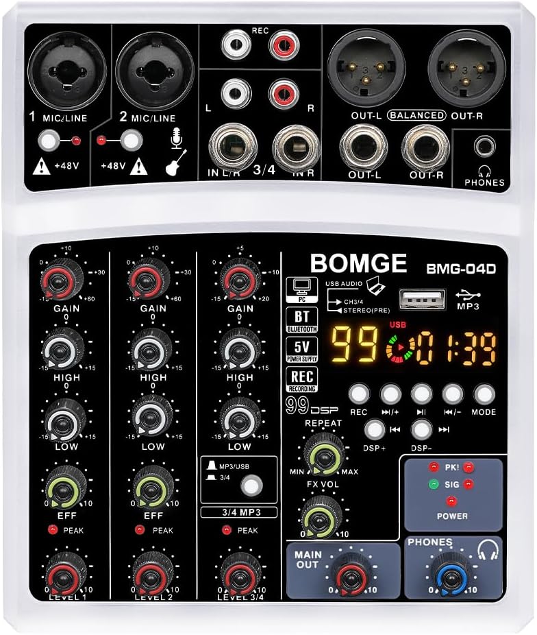 BOMGE 4 Channel dj Bluetooth Audio Mini Mixer with Effects, USB Interface, Stereo Recording, 48V Phantom Power for PC,phone(White)