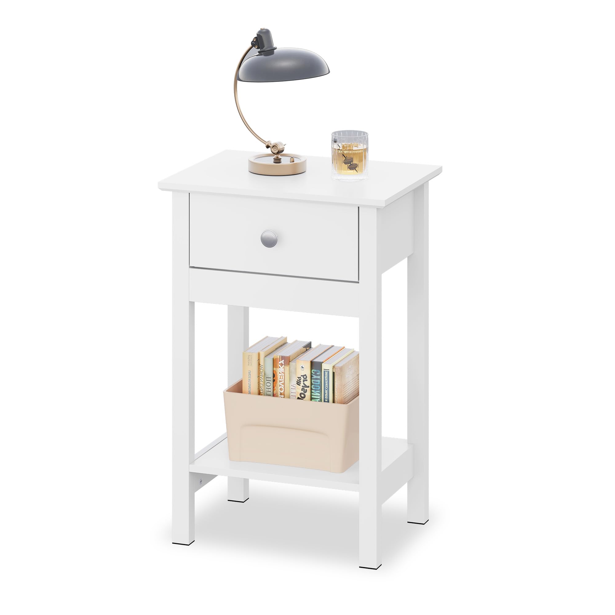 WLIVE Wooden Bedside Table, Nightstand with Shelf Drawer, Wooden Side Sofa Tables, for Small Spaces, End Tables for Living Room, Bedroom (1, White)