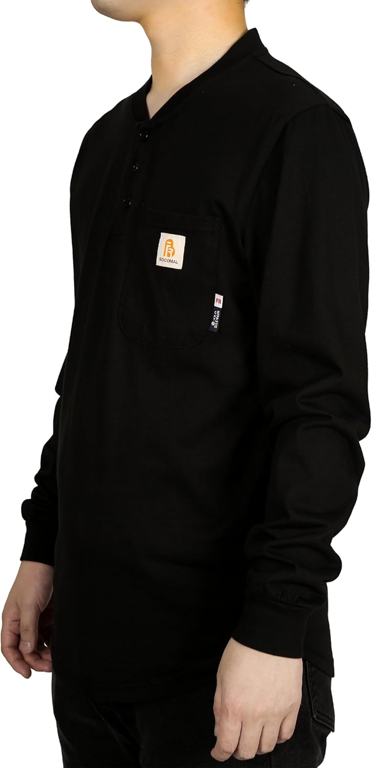 BOCOMAL FR Shirts 6oz Lightweight Flame Resistant Long Sleeve Henley Shirt Fire Retardant Workwear NFPA2112 CAT2