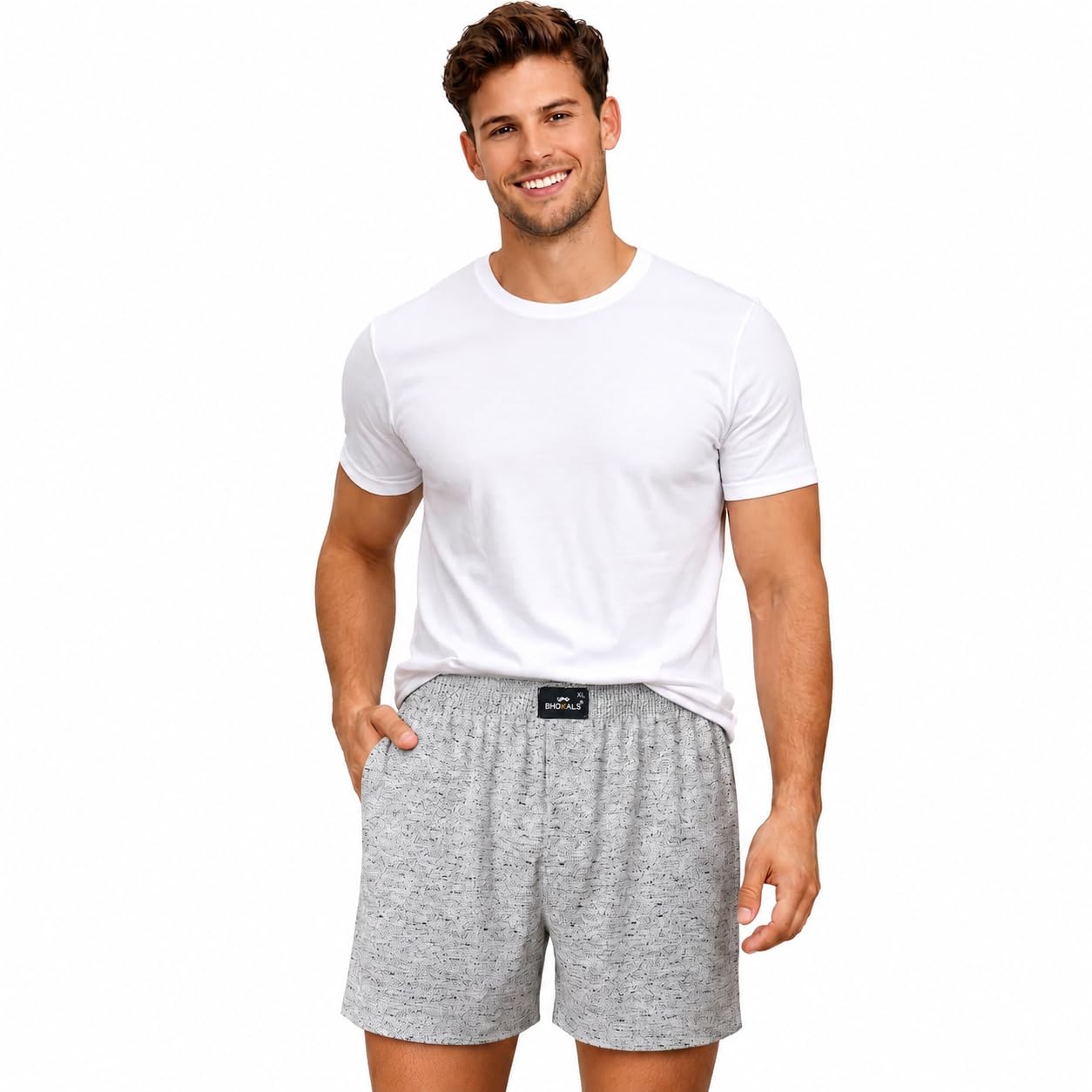 Men's Cotton Boxer Shorts, Relaxed Fit, Breathable, Grey with Black Texture, Innerwear and Loungewear-image-29