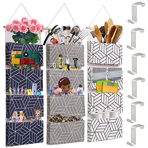 DRON TOOON Bedside Caddy Hanging Storage Organizer 5 Pockets Canvas Bag for Bunk, College Dorm Rooms Bed Rails,Can be Placed Glasses,Books,Mobile Phones-baige+huige+heige (Plaid black and white gray)