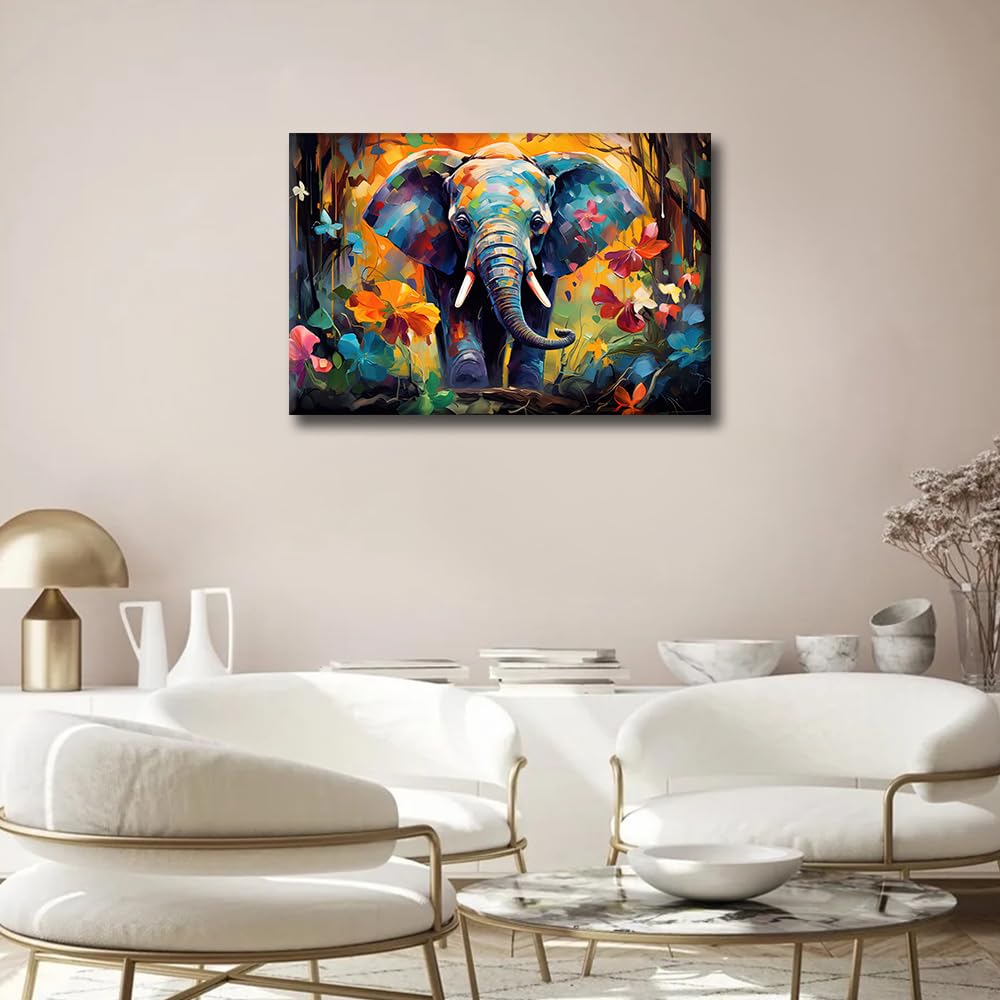 TISHIRON Living Room Wall Decor Elephant Oil Painting Canvas Wall Art Idea for Children Room Wall Decor Poster Wood Framed Prints for Farmhouse Home Decor 16x24 in - Image 2
