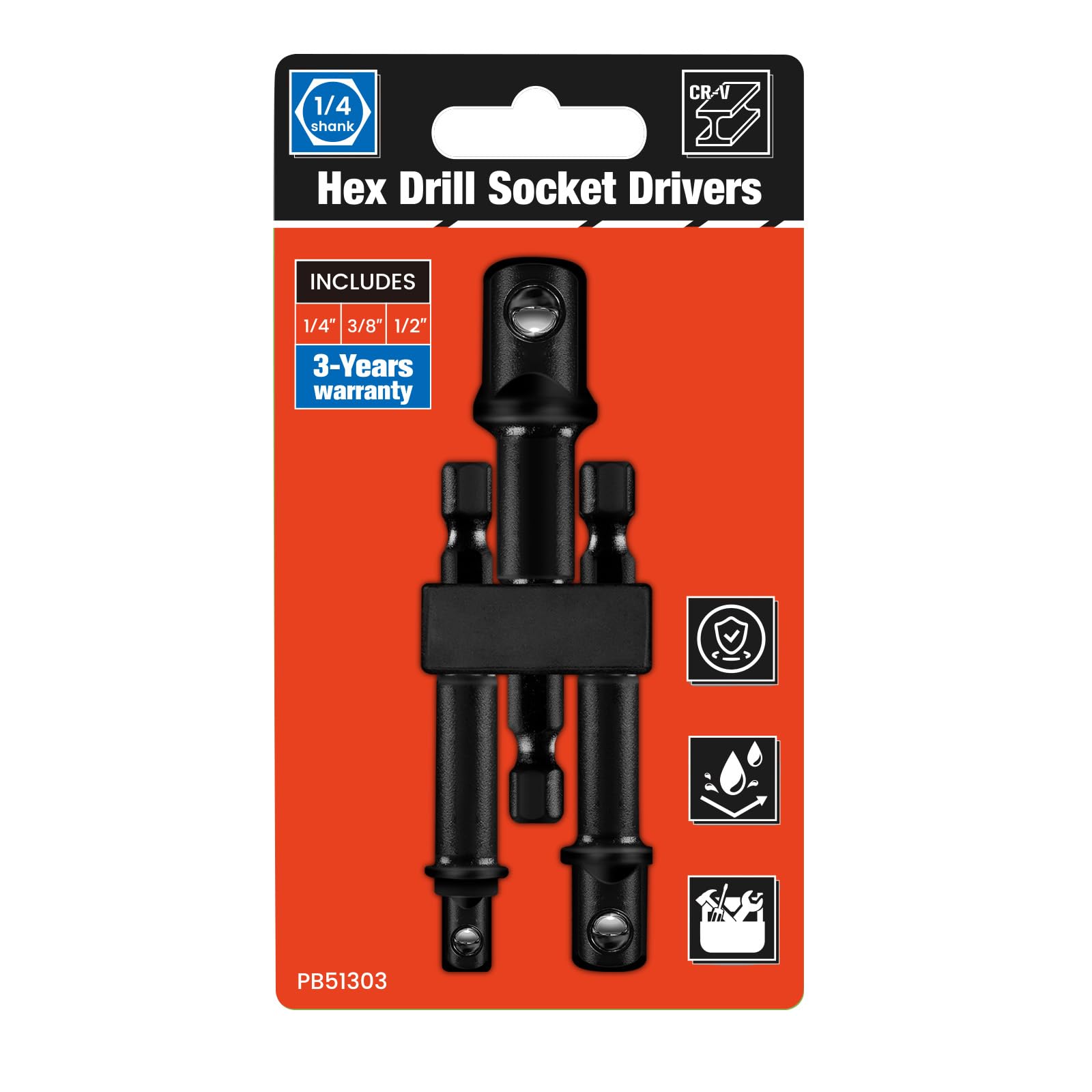 BLACKROBOT 3-Piece Impact Socket Adapter Set, 1/4" 3/8" 1/2" Drive, Hex Shank Drill Bits Adapter & Organizer for Automotive & DIY, Chrome Vanadium