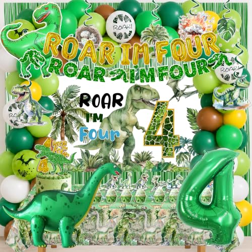 Roar Im Four Dinosaur 4th Birthday Party Decorations, Dinosaur 4th Birthday Party Supplies for Boys Girls, 4 Year Old Dino Theme Party Set with Backdrop, Fringe Curtains, Tablecloth, hanging swirls.