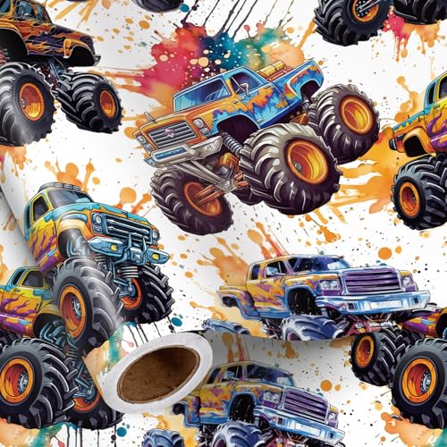 RUSPEPA Monster Truck Wrapping Paper Roll for Kids Boys, Mini Roll, Cool Off-Road with Splash Paint Gift Wrap Paper for Birthday, Racing Party, Adventure Celebration, 17 Inches X 16.4 Feet