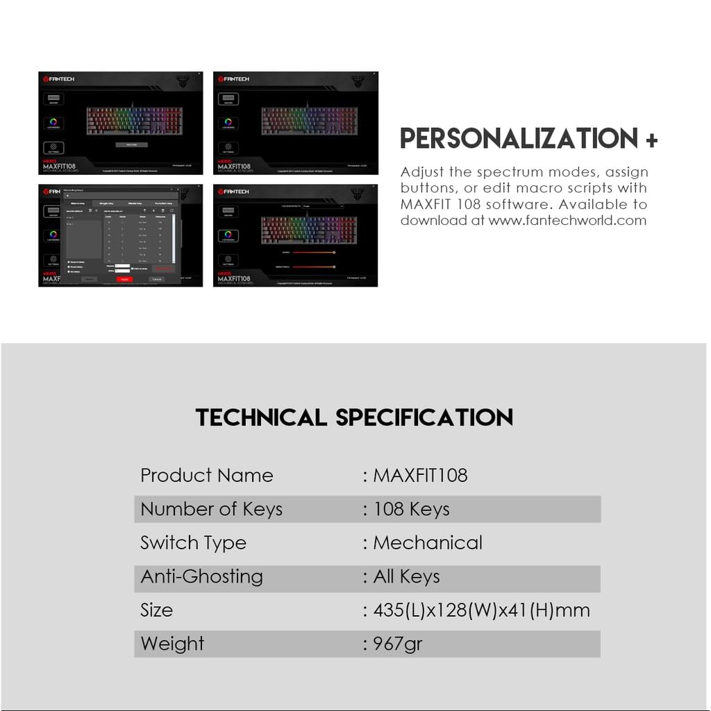 Screenshots of the MAXFIT108 software interface for personalization and macro settings