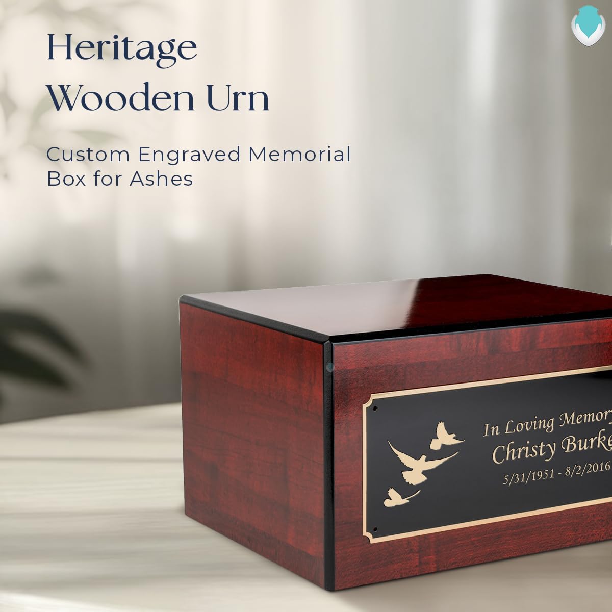 GetUrns Heritage Adult Cherry Wood Cremation Urn Box for Human Ashes I Doves Custom Engraved Wooden Urns for Male and Female I 213lbs