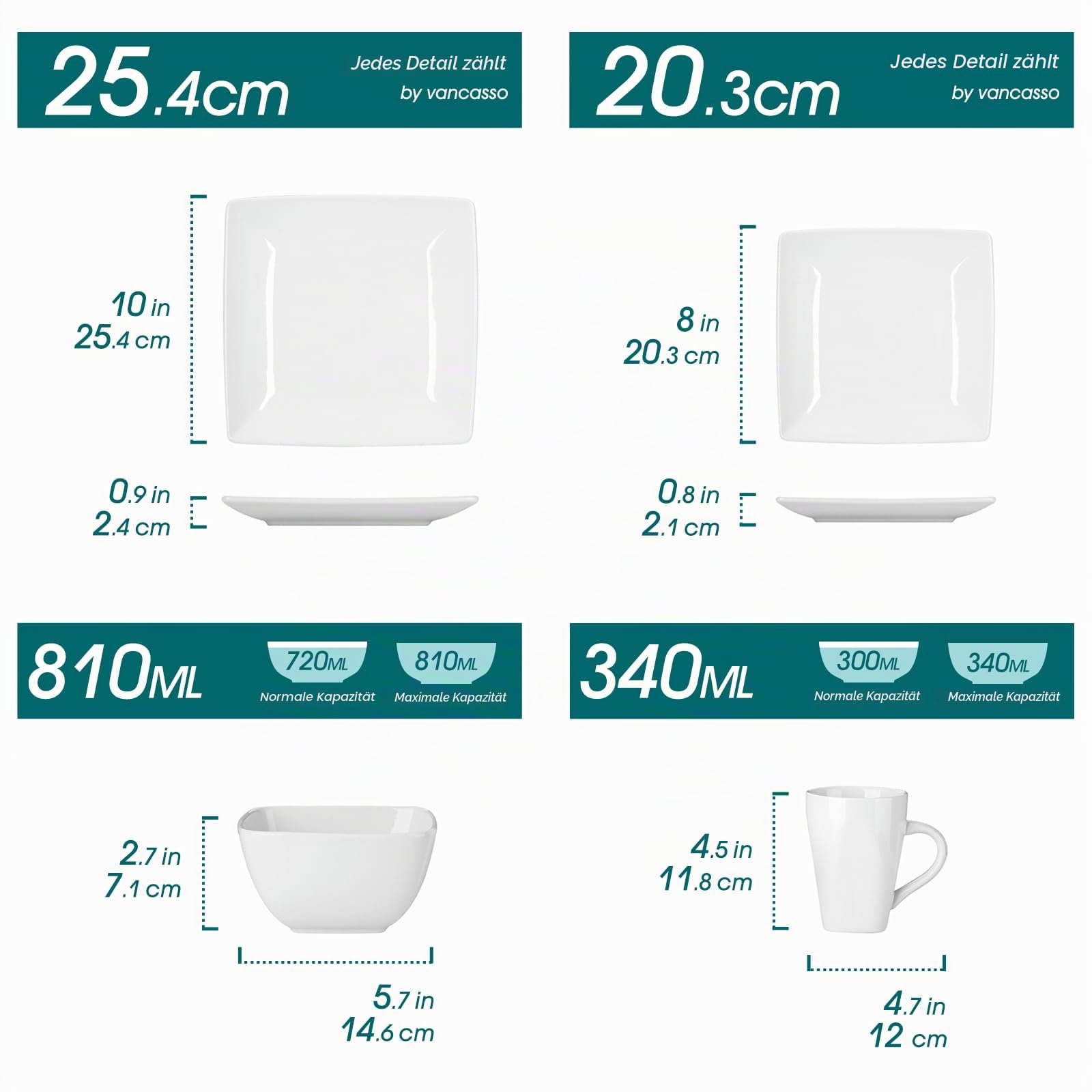Geschirrset eckig, vancasso SOHO Tafelservice 6 Personen aus Steinzeug, 24tlg Geschirr modern mit Speiseteller, Dessertteller, Schüssel und Tassen