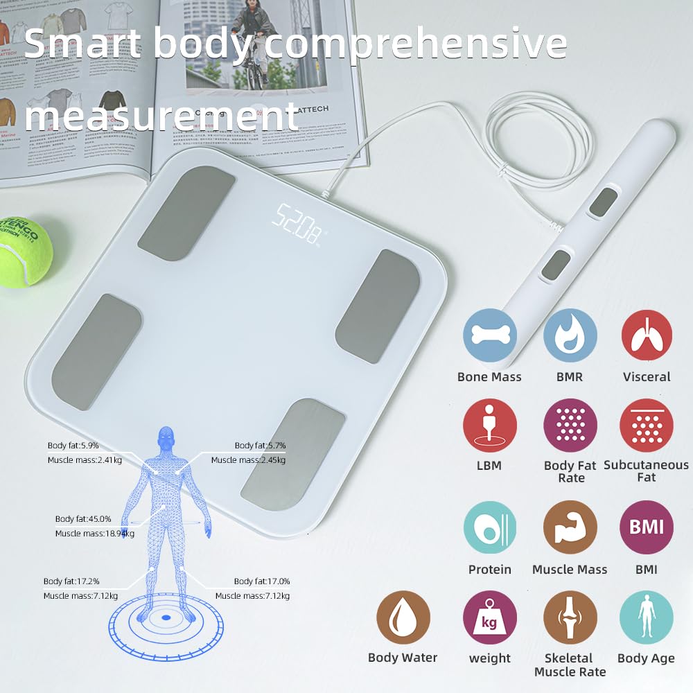 Báscula corporal inteligente para peso, IMC, grasa y músculo, pantalla HD