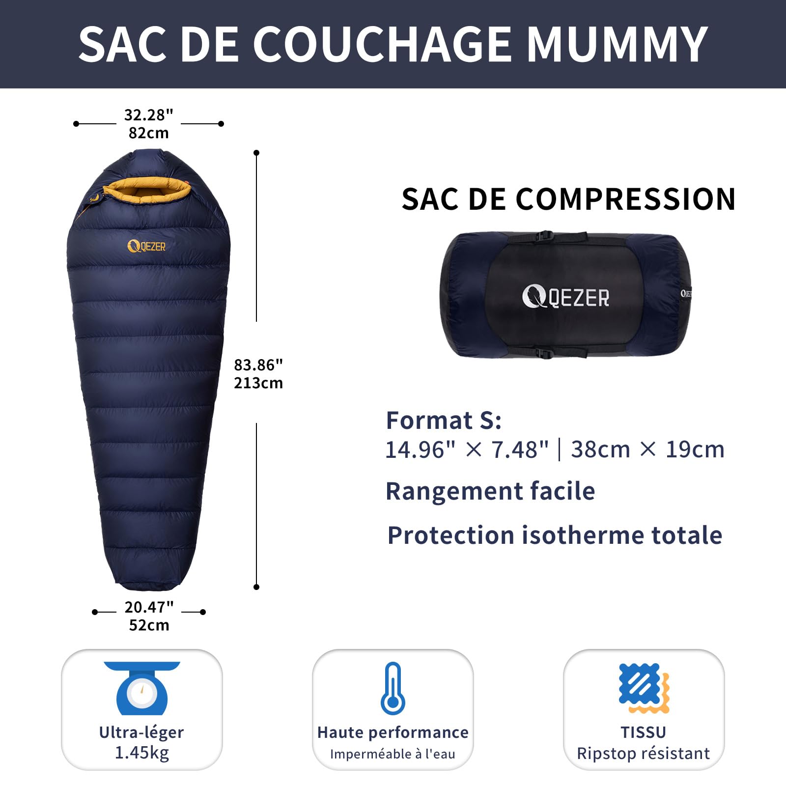 Sac de Couchage en Duvet, Sac de Couchage Adulte avec Doublure Antistatique en graphène, Pouvoir gonflant de 620 FP, 1450 grammes, 0°C, Convient pour Le Camping, la randonnée