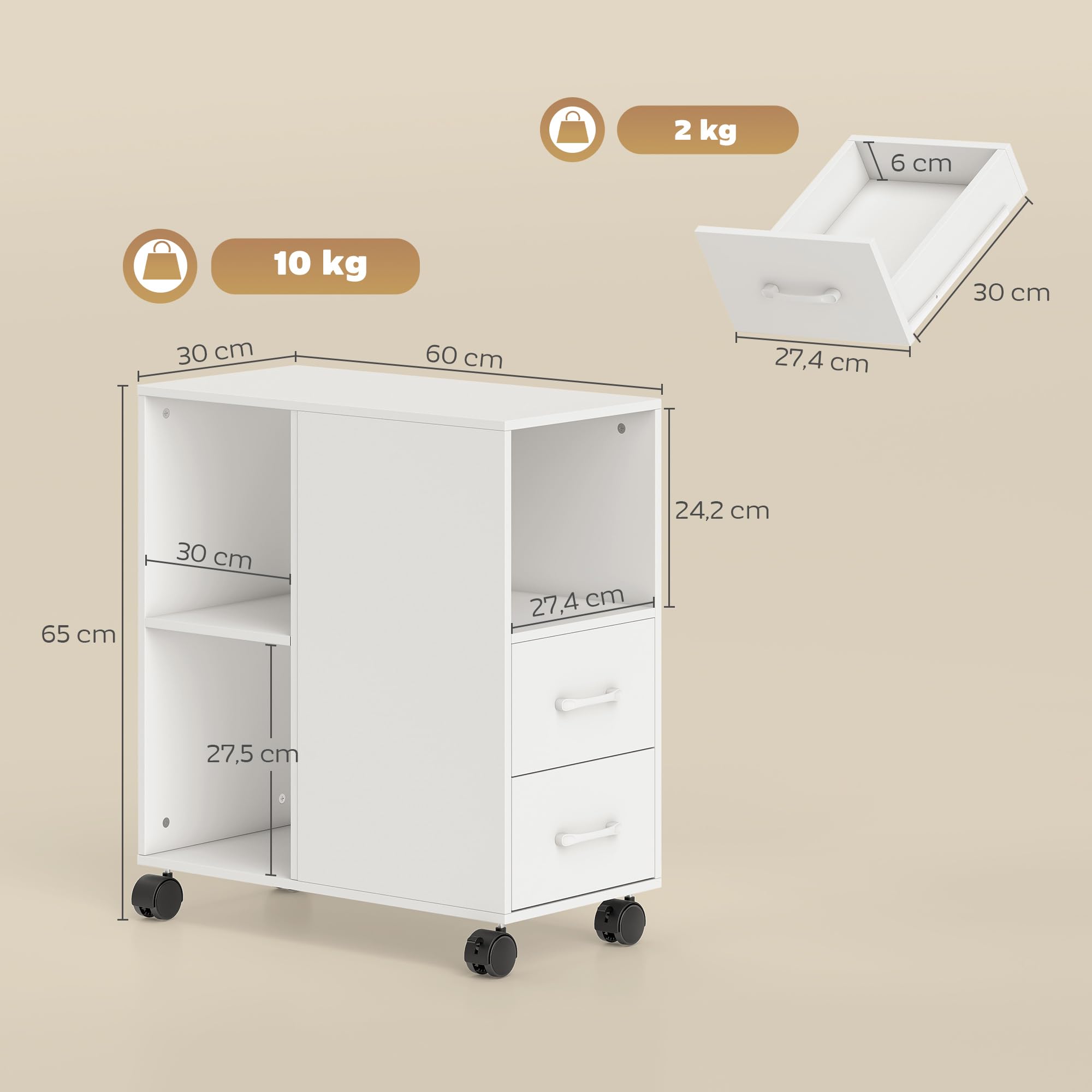 HOMCOM Support d'Imprimante sur roulettes Tiroirs 60 x 30 x 65 cm Blanc | Meuble de Rangement, Caisson de Bureau, Meuble Bureau, Étagère Réglable, Compartiment Ouvert