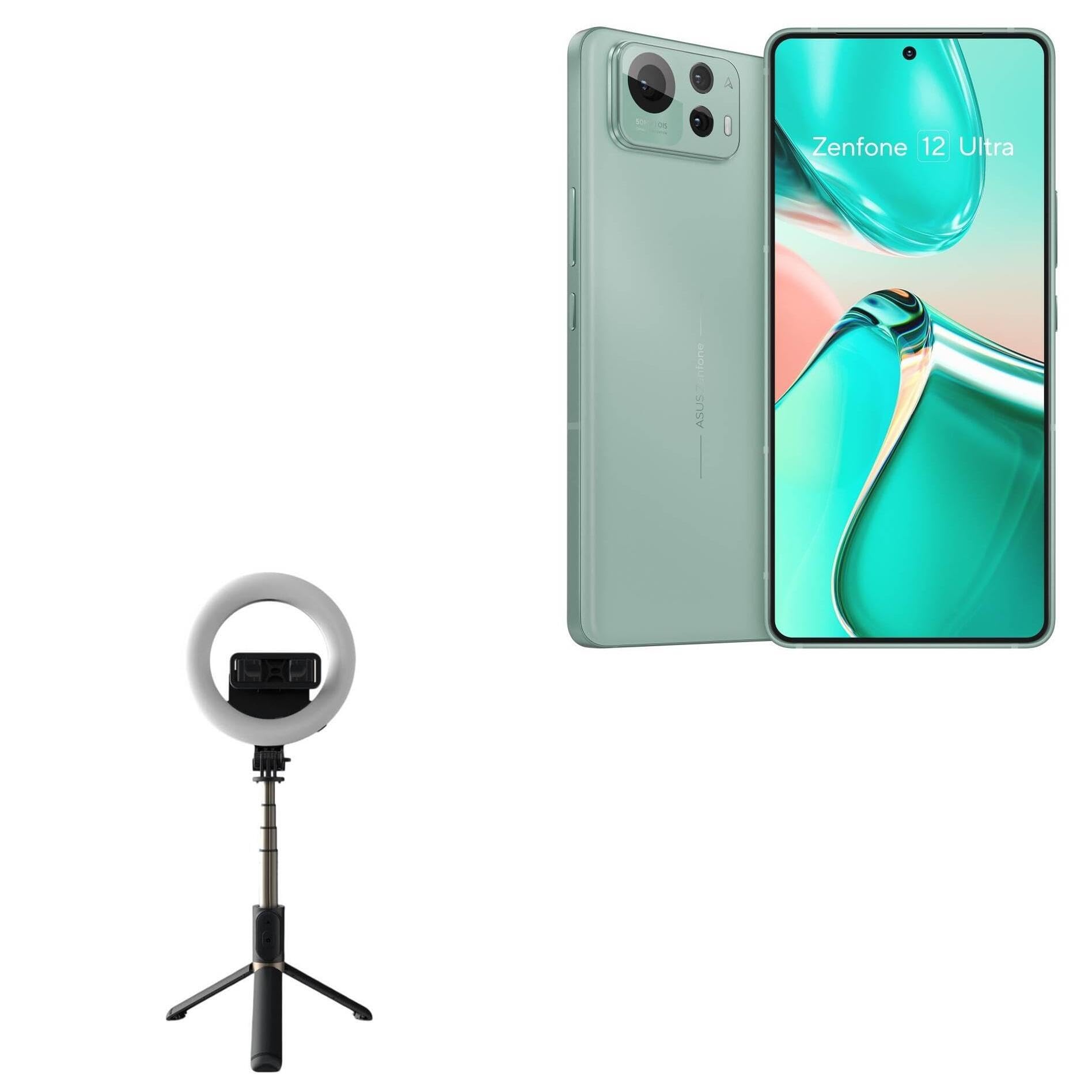BoxWave Stand and Mount Compatible with ASUS Zenfone 12 Ultra - RingLight SelfiePod, Selfie Stick Extendable Arm with Ring Light - Jet Black