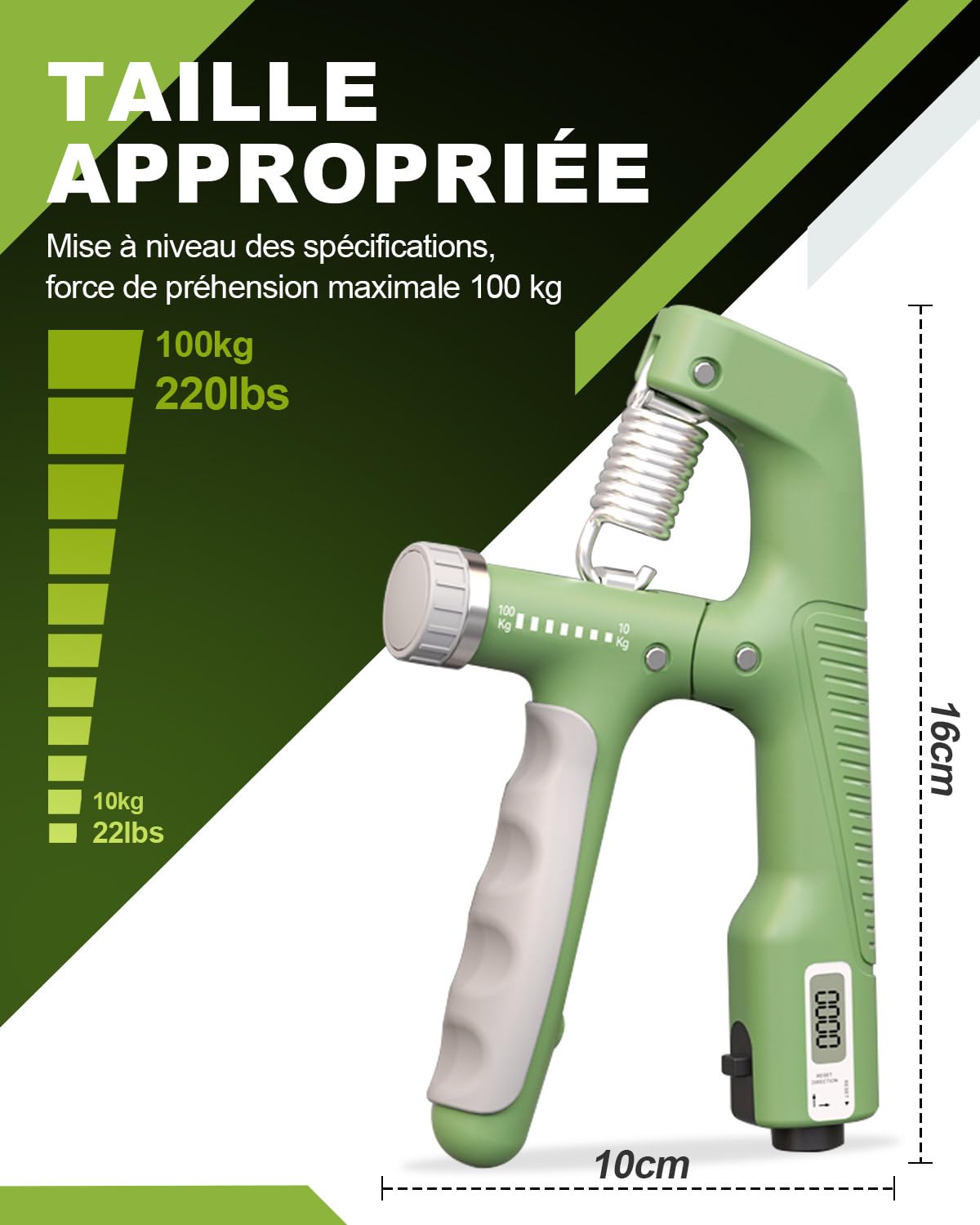 Hand Grip Musculation Kit Vert - Entraîneur Intelligent avec Compteur, Renforcement de Main et Avant-Bras, Pince de Musculation de 5 Réglages (10-100kg), Exerciseur de Doigts avec Poignée