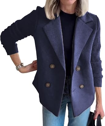 Womens Knitted Wool Blazer Jacket Lapel Long Sleeve Button Pea Coat Casual Double Breasted Cropped Coats