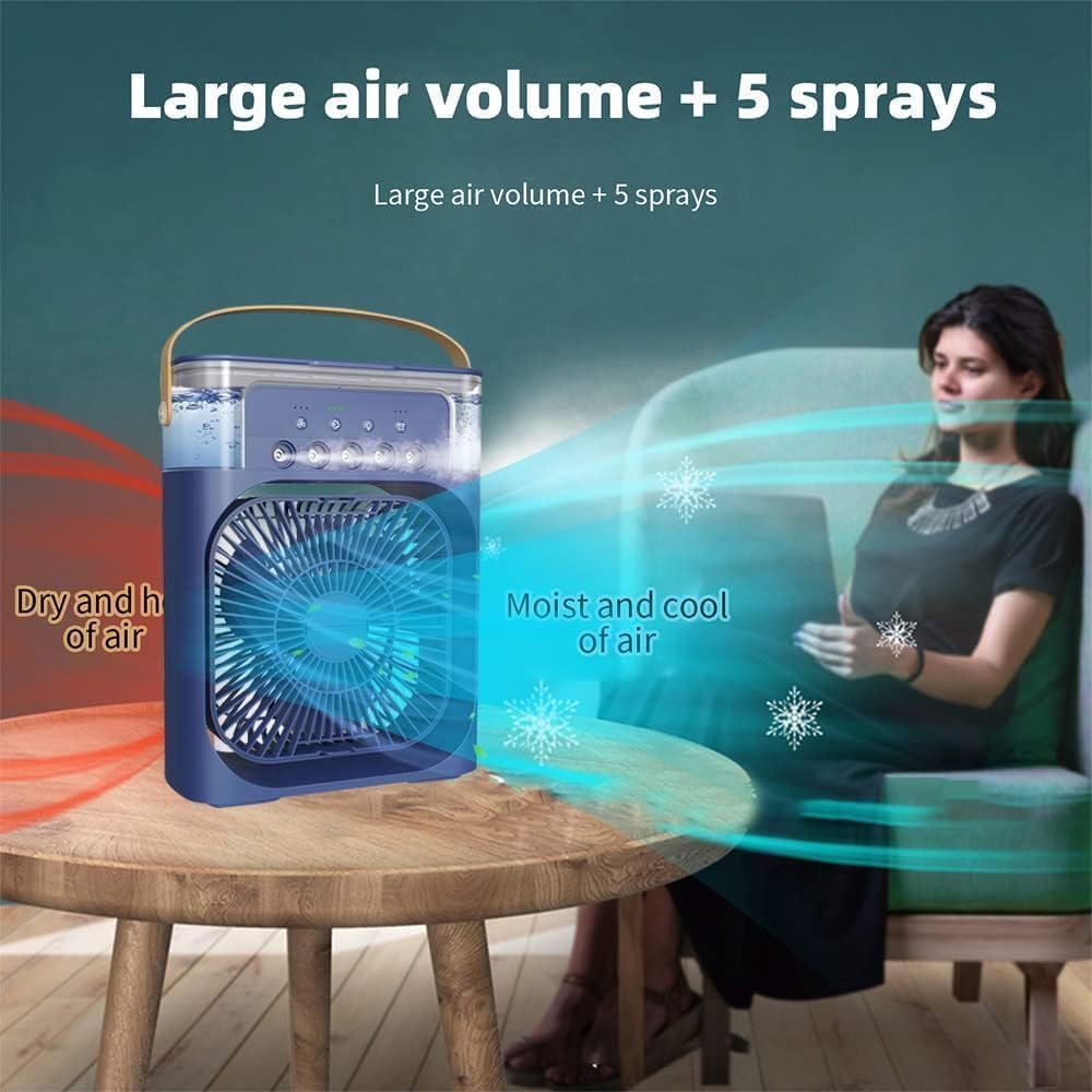 Ventilador USB Mini Aire Acondicionado de Mesa con Pulverizador de Agua, Difusor de Aroma, Humidificador Temporizador, Apagado Automático, Giratorio, LED 7 colores, Silencioso, Portátil, Casa,
