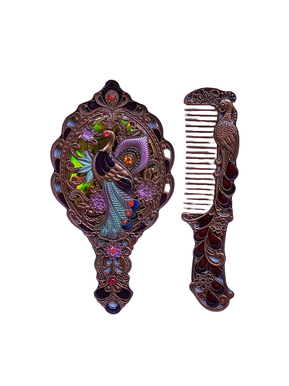 Handcrafted Peacock Design Mirror and Comb Set | Antique Copper Finish with Colorful Enamel Work, Traditional Indian Style Vanity Accessories-image-24