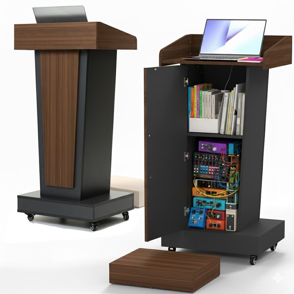 GARVIN Wooden Podium Stand with Wheels，Mobile Wood Lecterns & Podiums with Storage, Premium Pulpits for Churches, Classrooms and Conferences, Scratch-Resistant Finish (with 4”Elevated Footrest)