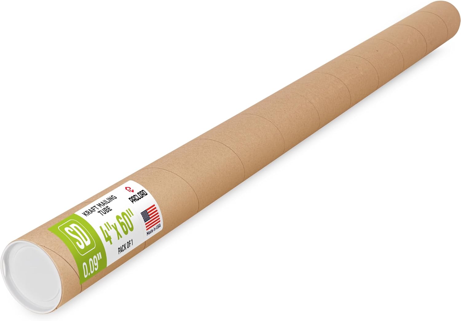 4" x 60" Reinforced Kraft Paper Mailing Tube, Pack of 1 Tube with 2 Caps – Secure USPS Approved Poster Tube – Made in USA Cardboard Tube for Shipping and Storing Posters, Prints, Artwork, or Documents