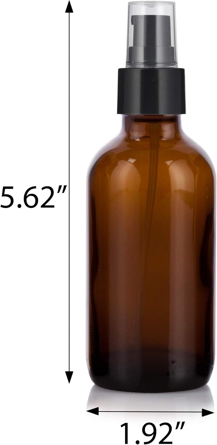 JUVITUS 4 oz Amber Glass Boston Round Bottle with Black Treatment Pump (12 pack) + Funnel