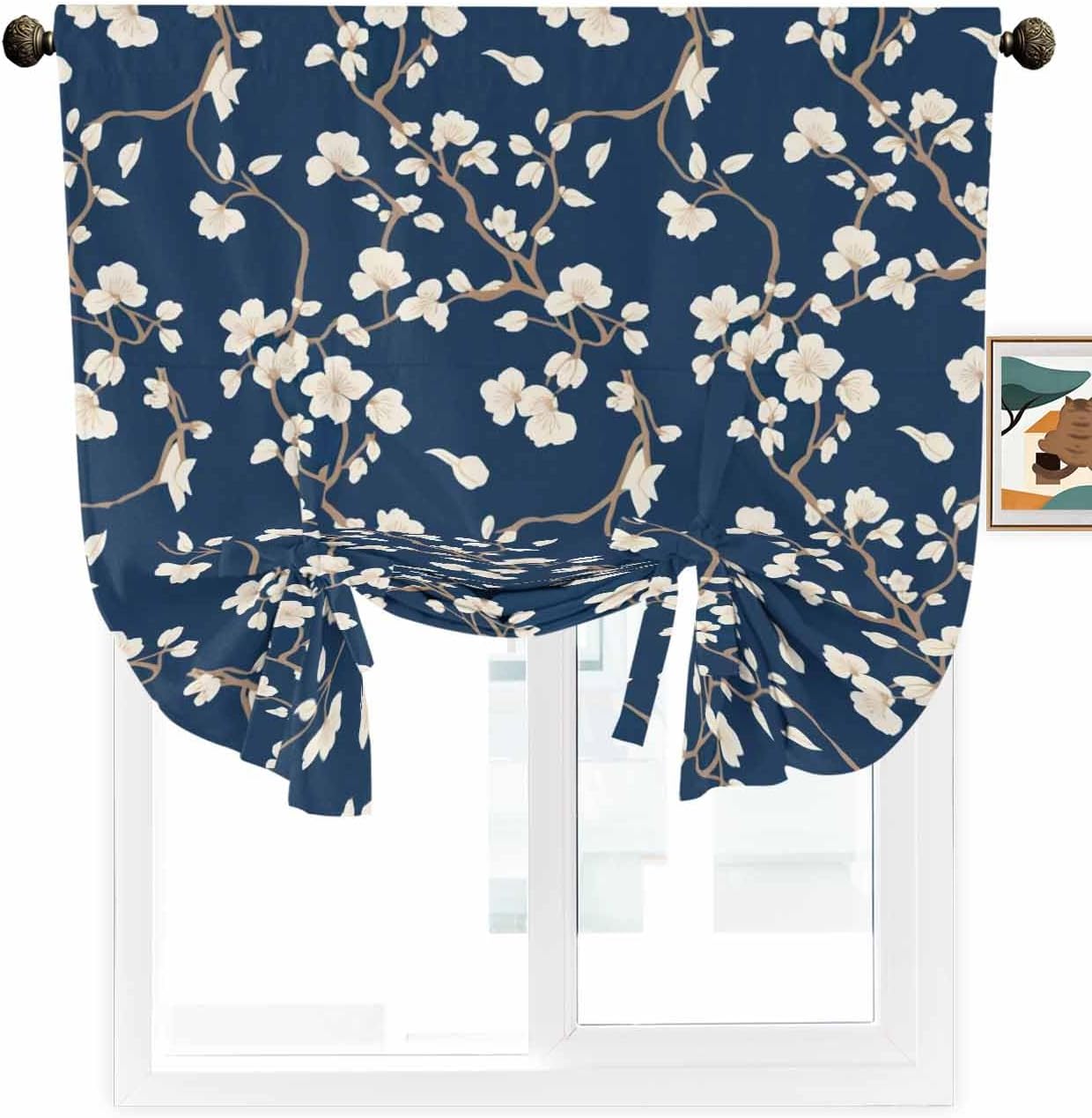 Balloon Tie Up Curtain, Adjustable Rod Pocket Panel Blackout Window Valances Curtains, Floral Plant Birds Pattern Blue Short Treatment Window Shades Decor for Bedroom Farmhouse Kitchen - 52"x63"