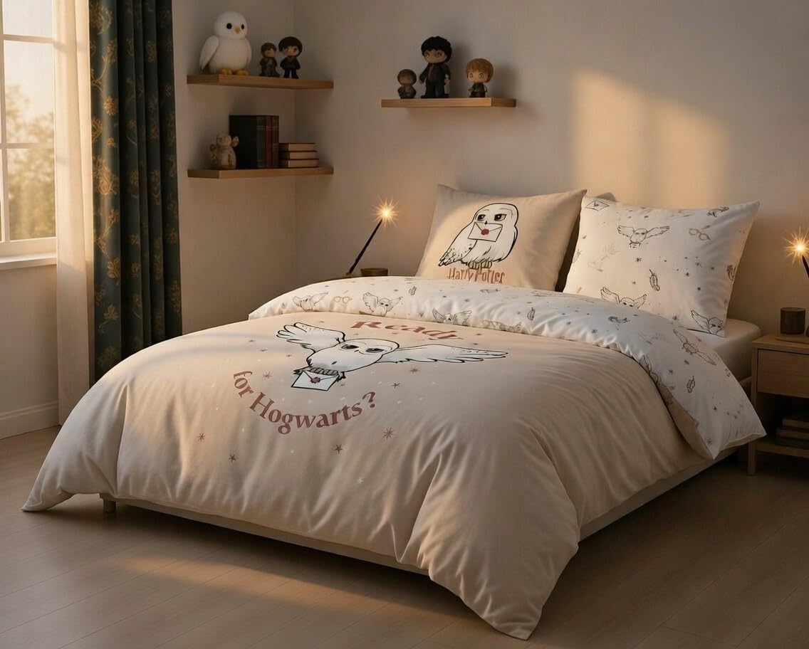 Warner - Funda de edredón Harry Potter Hedwig de 2 plazas + 2 fundas de almohada 63x63 cm - Crema - 100% Algodón